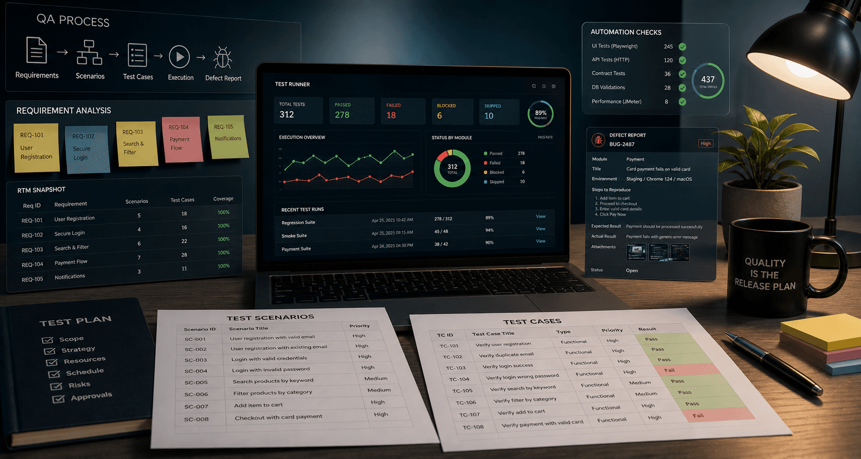 QA testing lab with requirement analysis, RTM, test cases, automation checks, and defect report